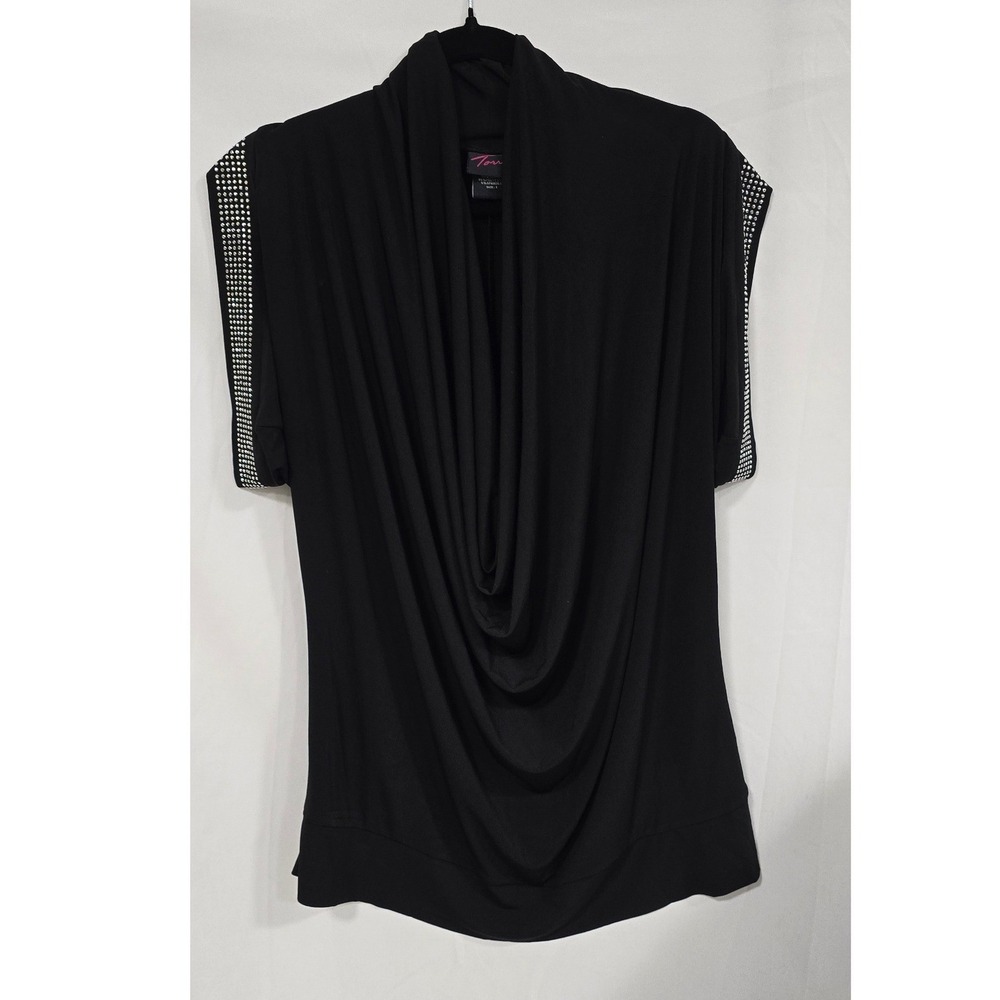 Torrid women plus size 1X black front drape blouse bedazzle short sleeve goth